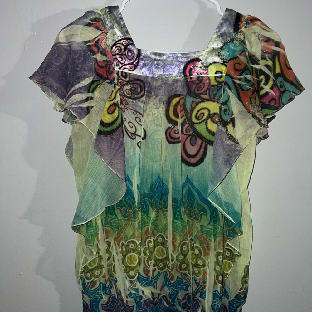 ONE WORLD Multi-Color Sheer Ruffle Boho Blouse - Picture 7 of 8